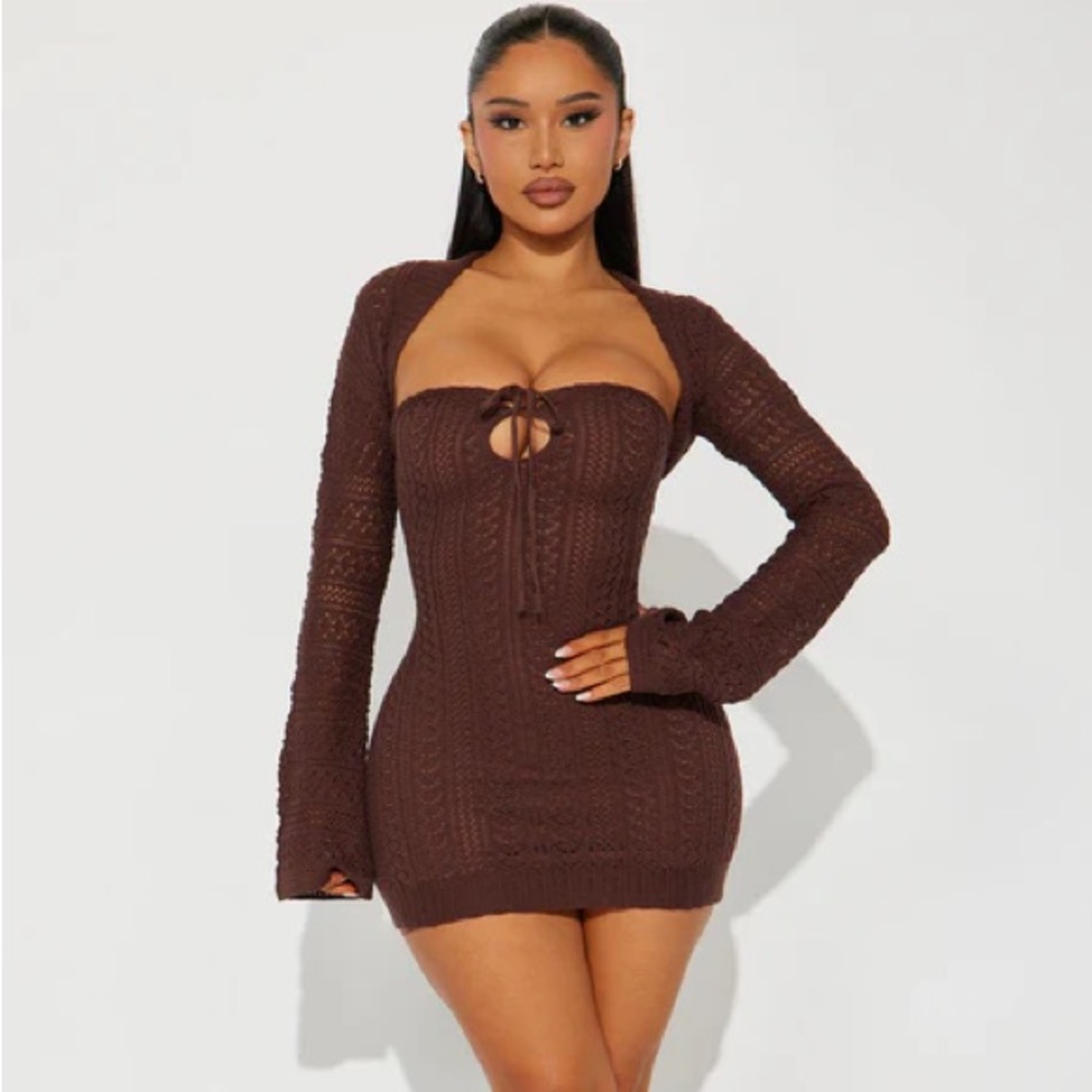 Fashion Nova Crochet Micro Mini Dress Set - Chocolate